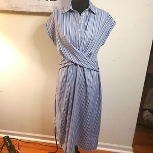 New Vintage-Style Blue Striped Collared Midi Dres Size Small
